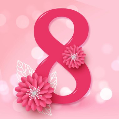 8 march. Paper cut flower. International womens day. Pink pastel background with bokeh effect. Vector illustration for greeting card, gift card, invitation, brochure, post or flyer. Vector