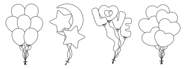 Şeffaf arkaplanda izole edilmiş bir dizi balon. Çocuklar için boyama sayfası. Çizgi Sanat Tasarımı. Yumuşak çizgi. Yazdır ve renklerle canlandır. Vektör illüstrasyonu.