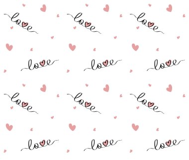 Şeffaf arka planda izole edilmiş, küçük kalp ve aşk yazıları olan kusursuz bir kalıp. Tekstil baskısı için vektör kumaş dokusu, ambalaj kağıdı, hediye kartı, düz duvar kağıdı tasarımı. PNG.