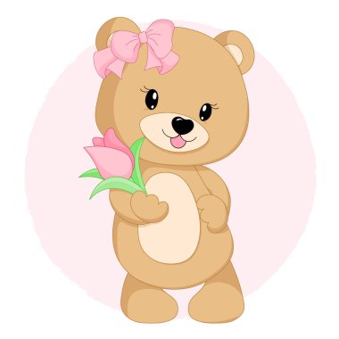 Pembe bir çiçek tutan sevimli bir ayı. Sevgililer Günün kutlu olsun. Vektör illüstrasyonu.
