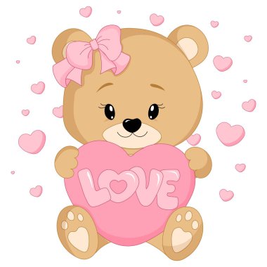 Şeffaf bir arka planda izole edilmiş büyük pembe bir kalbi olan sevimli bir oyuncak ayı. Sevgililer Günün kutlu olsun. Vektör illüstrasyonu.