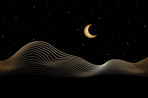 Minimal landscape art with golden moon and line art texture. Abstract art wallpaper for prints, Art Decoration, wall arts and canvas prints. High quality illustration.