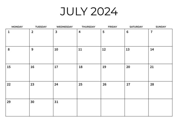 Monthly Planner July 2024. Calendar JULY 2024. Week starts on Monday. Blank Calendar Template. Vector illustration.