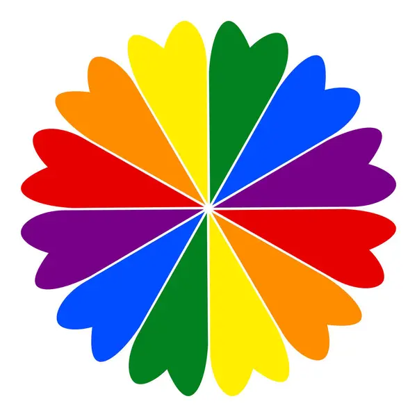 Kalp şeklinde taç yaprakları olan gökkuşağı çiçeği, şeffaf bir arkaplanda izole edilmiş. Onur Ayı Rozeti. Gurur ayı için düz element. Vektör illüstrasyonu.