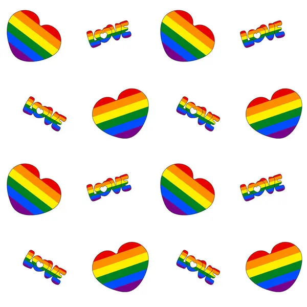 Gökkuşağı Kalpleri 'nin kusursuz deseni ve temiz bir arkaplanda gökkuşağı kelimesi 