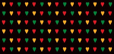 Kırmızı, sarı ve yeşil kalpleri olan kusursuz bir Haziran şablonu. Haziran Özgürlük Günü 'nü kutluyoruz. Siyahların Tarihi Ayı. Ambalaj kağıdı, yastık vs. için basit bir kalıp. Vektör