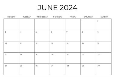 Aylık Planlayıcı Haziran 2024. Takvim Haziran 2024. Hafta pazartesi başlıyor. Boş Takvim Şablonu. Vektör illüstrasyonu.