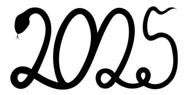 Kavisli bir yılanın siyah silueti, saydam bir arkaplanda izole edilmiş 2025 sayısını oluşturur. Çin 'in yeni yıl sembolü 2025. Vektör illüstrasyonu.