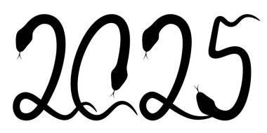 2025 sayısı, saydam bir arkaplanda izole edilmiş siyah yılan siluetlerinden oluşur. Çin 'in yeni yıl sembolü 2025. Vektör illüstrasyonu.