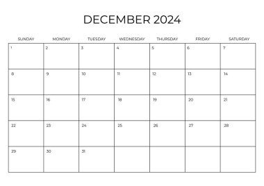 Aylık Planlayıcı Aralık 2024. Takvim Aralık 2024. Hafta pazar günü başIıyor. Boş Takvim Şablonu A4. Vektör illüstrasyonu.