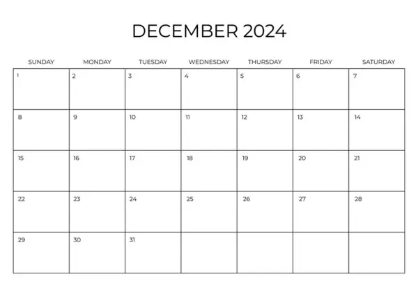 Aylık Planlayıcı Aralık 2024. Takvim Aralık 2024. Hafta pazar günü başIıyor. Boş Takvim Şablonu A4. Vektör illüstrasyonu.