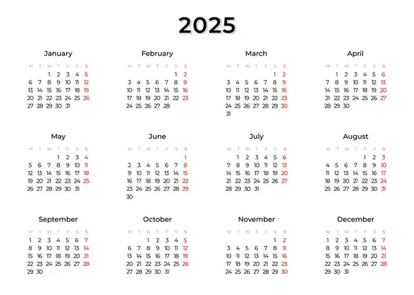 2025 yılının yatay yıllık takvim şablonu. Hafta pazartesi günü başlıyor. 2025 yılı için minimalist bir iş takvimi.