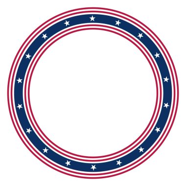 Şeffaf bir arka planda izole edilmiş, ABD bayrağı unsurları ile berrak yuvarlak çerçeve. Amerikan ulusal bayramları için soyut fotoğraf çerçevesi. Mesaj ya da fotoğraf için yer. Vektör illüstrasyonu.