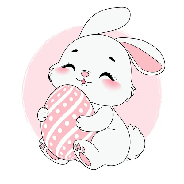 Elinde süslü bir Paskalya yumurtası tutan sevimli çizgi film tavşanı. Mutlu Paskalya tavşanları. Çocuk kıyafetleri ya da tebrik kartları bastırmak için mükemmel. Şeffaf bir arkaplanda vektör çizimi. PNG