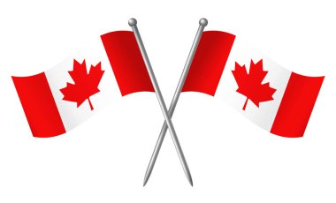 Şeffaf bir arkaplanda izole edilmiş gümüş direklerde dalgalanan iki Kanada bayrağı. Kanada ulusal gurur, bağımsızlık ve vatanseverlik kavramı. Kanada Günü için mükemmel. Vektör.