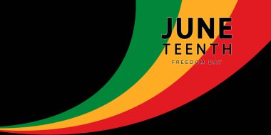 Haziran Özgürlüğü Günü afişi. Haziran ayındaki yazı için vektör illüstrasyonu ve siyah arkaplanda kırmızı, sarı ve yeşil renkli kıvrımlı çizgiler. Özgürleşmenin ve Afro-Amerikan gururunun sembolü.