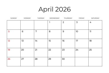 Nisan 2026 için Yazdırılabilir Aylık Takvim şablonu. Hafta pazar günü başIıyor. Minimalist tarzında Duvar Takvimi. Basit ve temiz bir tasarım. Yazdırmaya hazırız. Vektör illüstrasyonu.