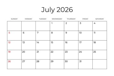 Temmuz 2026 için Yazdırılabilir Aylık Takvim şablonu. Hafta pazar günü başIıyor. Minimalist tarzında Duvar Takvimi. Basit ve temiz bir tasarım. Yazdırmaya hazırız. Vektör illüstrasyonu.