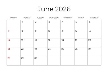 Haziran 2026 için Yazdırılabilir Aylık Takvim şablonu. Hafta pazar günü başIıyor. Minimalist tarzında Duvar Takvimi. Basit ve temiz bir tasarım. Yazdırmaya hazırız. Vektör illüstrasyonu.