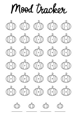 Sonbahar ayları için balkabaklarıyla ruh hali izleme şablonu. Günlük ruhsal sağlık kontrolü için 30 numaralı balkabağıyla çalışma tablosu. Günlük, mermi günlüğü ya da planlayıcı yerleştirmek için mükemmel. PNG ve vektör
