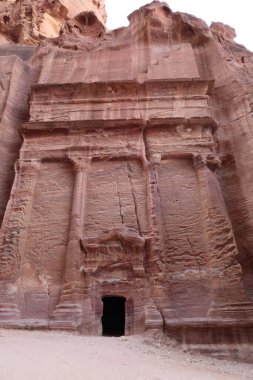 One of the tombs in the street of facades, ancient nabataean city of Petra, Jordan 2021