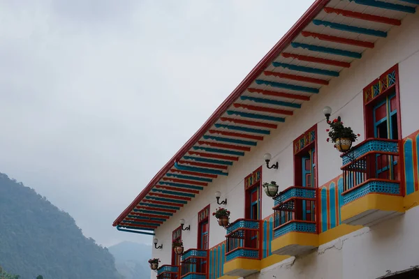 Colorful balconies and roof of a house in Jardin, Eje Cafetero, Colombia 2020