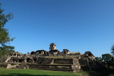 Palacio Sarayı / El Palacio Sabah güneşinde Palenque, Meksika 2022 arkeolojik alanında