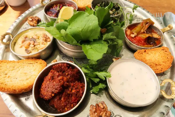 stock image Big mezze, meze platter with served in a traditional restaurant in the old town of Mardin, Turkey 2022