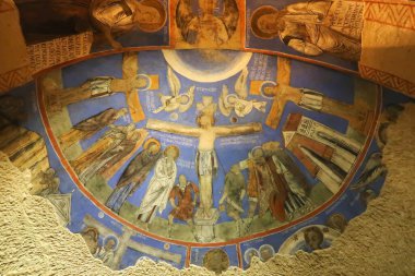 Hristiyan tavan freski, Sandal Kilisesi içinde resim, Carikli Kilise Goreme Açık Hava Müzesi, Goreme, Kapadokya, Türkiye 2022