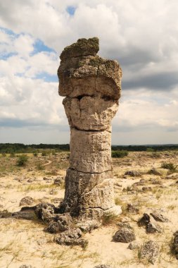 Baş şeklindeki taş sütun, Bulgaristan 'ın Varna kenti yakınlarındaki Pobiti Kamani Taş Ormanı' na bakıyor.