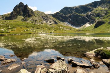 Dağlar, yedi Rila Gölü 'nden biri olan Ribnoto Ezero' nun sularını yansıtıyor. Beyaz çiçekler, su bitkileri, Sofya yakınlarındaki Rila Milli Parkı, Bulgaristan 2022