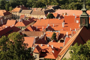 Petrovaradin Kalesi 'nden aşağı Patrovaradin Kalesi' ndeki binaların çatılarına, Saint George Kilisesi 'nin çan kulesine, sağdaki Juraj' a, sağdaki Novi Sad, Sırbistan 2022