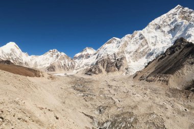 Arkaplanda Nuptse Dağı, Everest 'in Batı Sırtı, Changtse, Khumbutse ve Lingtren, Everest Ana Kamp Trek Dağı, EBC, Nepal 2022