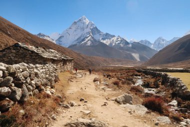 Pheriche Vadisi 'nde geleneksel bir taş evin yanından geçen Pheriche köyü Amphu Gyabjen Dağı, Ama Dablam, Kangtega ve Thamserku Dağı, Everest Ana Kamp Trek, EBC, Nepal 2022