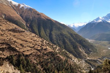 View onto the steep trail leading up to the traditional mountain village of Ghyaru from the valley of the Marsyangdi River, Upper, Lower Pisang, Annapurna Circuit Trek, Nepal 2022 clipart