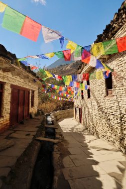 Marpha, Annapurna Circuit Trek, Nepal 2022 'deki uzak dağ köyündeki geleneksel taş evler arasında pek çok renkli Budist dua bayrağı bulunuyor.