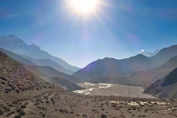 stock image View from Kagbeni onto the partly dried up riverbed of the Kali Gandaki River, Annapurna Circuit Trek, Nepal 2022