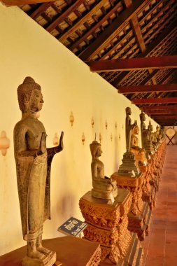 Pha Luang Stupa, Vientiane, Laos 2023 'ün etrafındaki manastır, galeri yürüyüşü ve duvar yapısında birçok Buda heykeli, heykel sıralanmıştır.