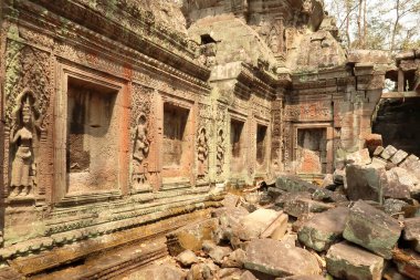 Ta Prohm Tapınağı 'nın içinde apsaralar kırmızı ve yeşil yosunlarla kaplı bir duvara kazınır. Liçenler, büyük taşlar, tuğlalar, Angkor Wat, Siem Reap, Kamboçya 2023