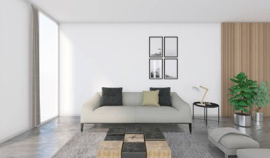 İskandinav tarzı rahat bir oturma odasının iç manzarası. Beton zemin, gri halı, ahşap masa, arka planda siyah beyaz resimli asılı resimler. Solda bir pencere ve bir perde görebilirsiniz. Ev halkı için ideal görüntü 