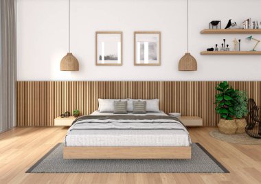 Interior image of a fully equipped bedroom, containing a bed, a bedside table, paintings, a window in the left sector with its curtain and lighting fixtures. Very attractive daytime image, with interesting materials. Ideal if you are an interior desi