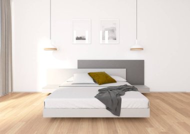 Interior image of a fully equipped bedroom, containing a bed, a bedside table, paintings, a window in the left sector with its curtain and lighting fixtures. Very attractive daytime image, with interesting materials. Ideal if you are an interior desi