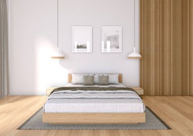 Interior image of a fully equipped bedroom, containing a bed, a bedside table, paintings, a window in the left sector with its curtain and lighting fixtures. Very attractive daytime image, with interesting materials. Ideal if you are an interior desi