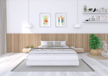 Interior image of a fully equipped bedroom, containing a bed, a bedside table, paintings, a window in the left sector with its curtain and lighting fixtures. Very attractive daytime image, with interesting materials. Ideal if you are an interior desi