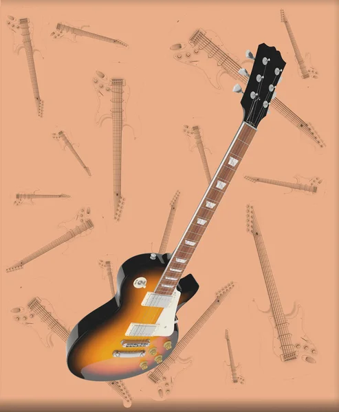 抽象的な白を背景に上から見たカラフルなギター 要約音楽的イメージ ギター中毒者のための理想的な プロのギタリスト 音楽バンドのギター教師やギタリスト 楽器や楽器を販売している音楽プロデューサーなら — ストック写真