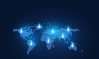 Genel ağ bağlantı haritası. Sosyal ağ konsepti. İş. İnternet. 3B dünya haritası, evden çalışma