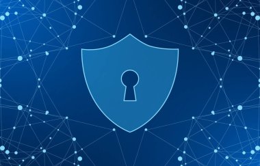 Siber güvenlik teknolojisi konsepti, dünya haritası geçmişi, kişisel verileri, vektör illüstrasyonuna sahip anahtar deliği simgesi olan Kalkan.