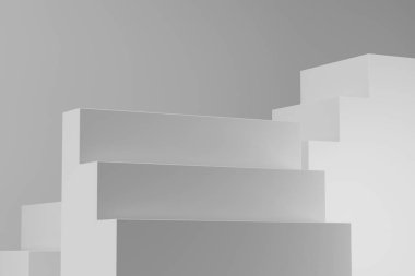 Beyaz basamaklı ürün sergisi, lüks kozmetik ürünleri reklam konsepti, 3 boyutlu resimleme