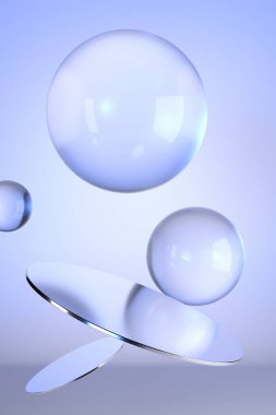 Açık mavi cam top gümüş platform ürün tezgahı, lüks kozmetik ürünleri reklam konsepti, 3D resimleme