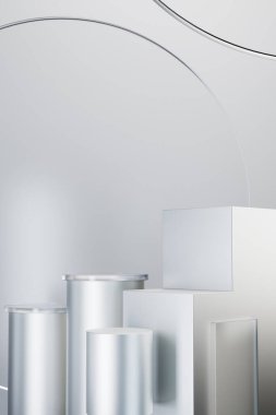 Gümüş beyaz silindir ürün sergi standı, lüks kozmetik vitrin reklam konsepti, 3 boyutlu resimleme